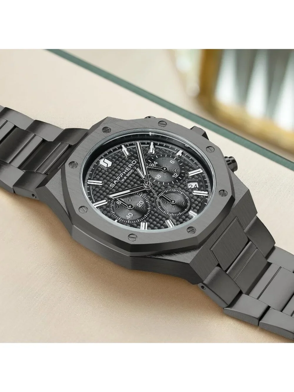 Men's Black Chronograph Quartz Movement Stainless Steel Luxury Date Wrist Watch